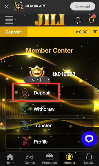 Step 1: JILIASIA Casino login through your betting account. Then go to the member center and select "Deposit".