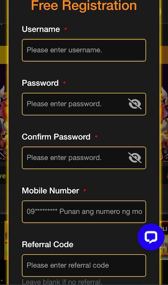 Step 2: Fill in registration information including username, password, confirm password, mobile number, and referral code.